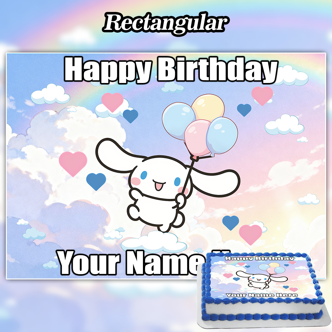 Rectangular cake topper featuring a cute white bunny with pastel balloons, clouds, hearts, and rainbows. Perfect as a Personalized Edible Christening Boy Cake Topper with Picture. Text: Happy Birthday Your Name. Cake pictured below.