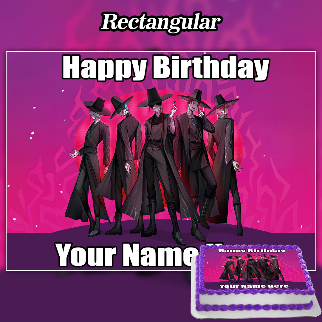 A rectangular birthday cake features five stylish figures in hats on a pink background, with "Happy Birthday Your Name" above and below—just like the Edible Cinnamoroll Cake Topper (Copy) for a personalized touch.