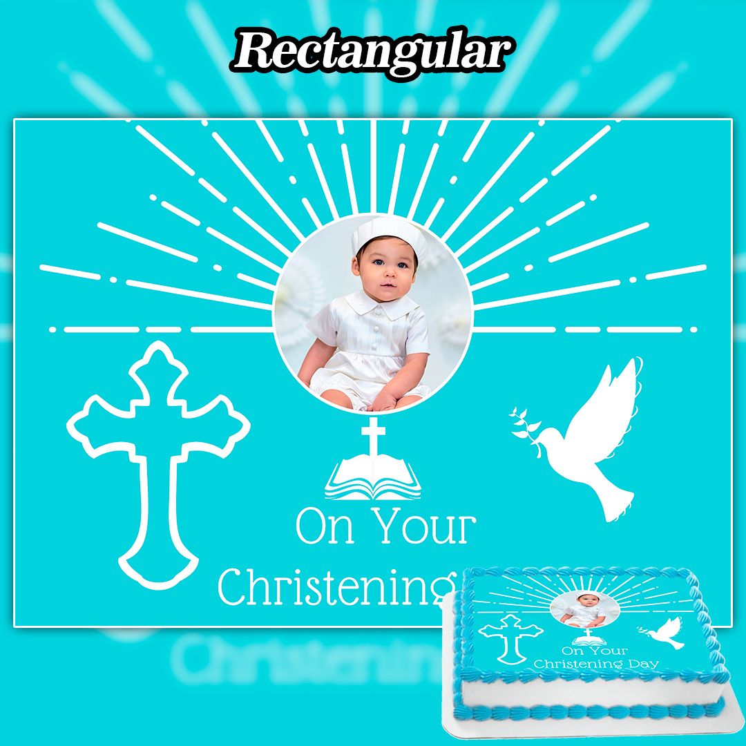 Rectangular teal cake topper featuring a white cross, dove, Bible, radiating lines, and your baby’s photo. This Personalized Edible Christening Boy Cake Topper with Picture includes “On Your Christening Day” text to match the design.