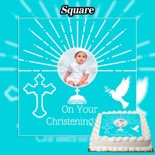 A square Christening cake featuring a Personalized Edible Christening Boy Cake Topper with Picture, a cross, an open Bible, a dove, and “On Your Christening Day” on a teal background with white rays and religious symbols.