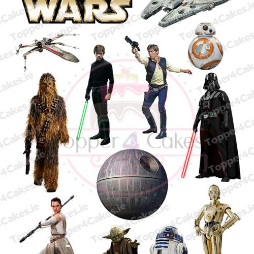 Celebrate with Edible Manchester City Cutout Toppers—perfect for fans and adding a galactic twist to any party, featuring a collage of Star Wars characters and ships like Chewbacca, Luke Skywalker, Han Solo, and more.