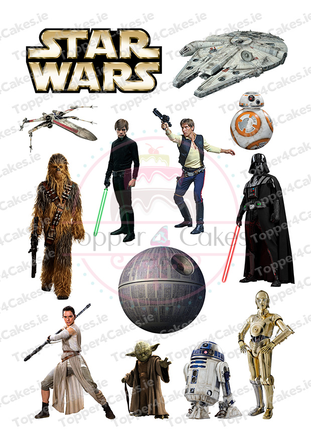 Celebrate with Edible Manchester City Cutout Toppers—perfect for fans and adding a galactic twist to any party, featuring a collage of Star Wars characters and ships like Chewbacca, Luke Skywalker, Han Solo, and more.