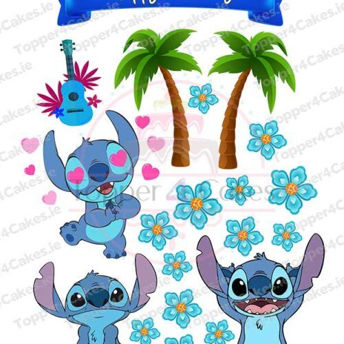 Edible Stitch Cut-out Toppers feature Stitch in three playful poses—heart eyes, smiling, and sitting—with blue flowers, two palm trees, a blue ukulele, and a blue “Happy Birthday” banner on a white background.