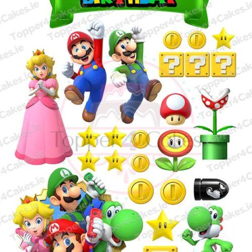 Celebrate with Super Mario decorations—Mario, Luigi, Princess Peach, Yoshi, stars, coins, question blocks, power-ups, a green Happy Birthday banner—plus Edible Manchester City Cutout Toppers for a fun and unique twist.