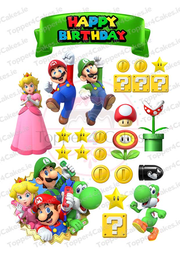 Celebrate with Super Mario decorations—Mario, Luigi, Princess Peach, Yoshi, stars, coins, question blocks, power-ups, a green Happy Birthday banner—plus Edible Manchester City Cutout Toppers for a fun and unique twist.