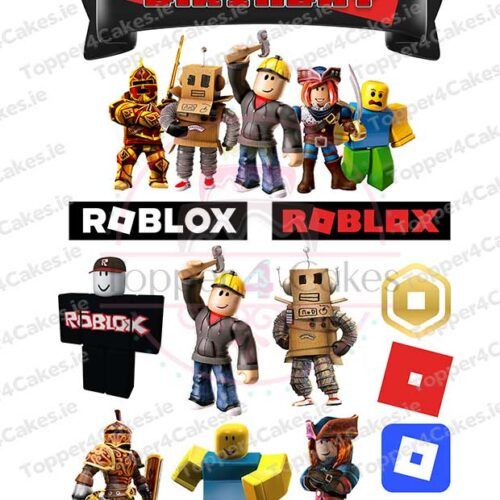 Edible Manchester City Cutout Toppers (Copy) feature vibrant Roblox characters in costumes, two Roblox logos, a "Happy Birthday" banner, fun square icons, and a Manchester City motif—perfect for festive birthday celebrations.
