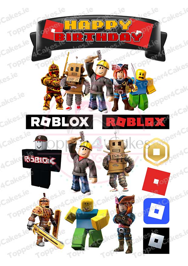 Edible Manchester City Cutout Toppers (Copy) feature vibrant Roblox characters in costumes, two Roblox logos, a "Happy Birthday" banner, fun square icons, and a Manchester City motif—perfect for festive birthday celebrations.