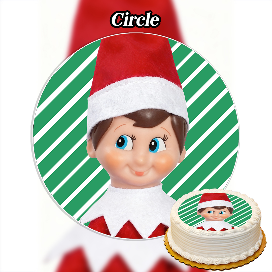 A cake with a circular topper featuring a smiling elf doll in a red hat and outfit on a green and white striped background—perfect for displaying the Edible The Elf on the Shelf Cake Topper.