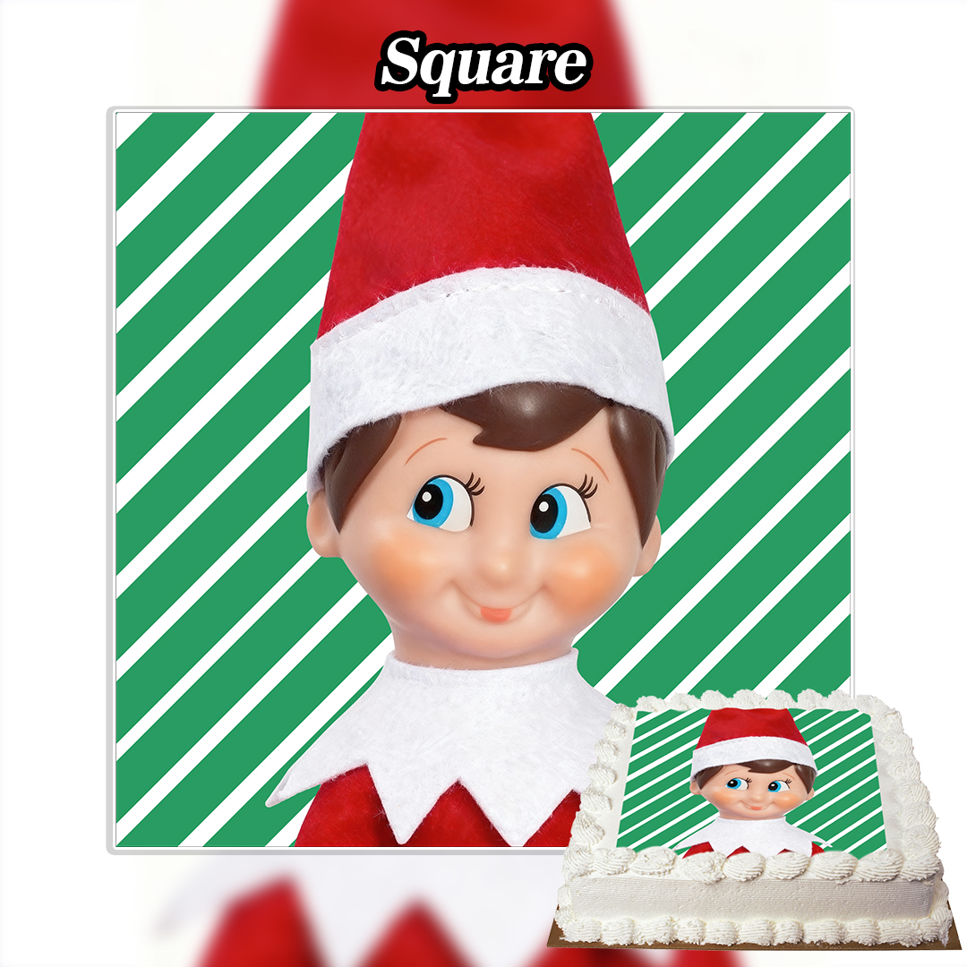 A square image of an Elf on the Shelf doll with a red hat and white trim on a green and white striped background, featuring the Edible The Elf on the Shelf Cake Topper matching the festive cake in the corner.