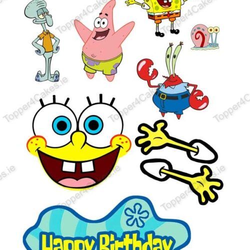 SpongeBob, Patrick, Squidward, Mr. Krabs, and Gary surround a Happy Birthday sign with Edible Spongebob Cutout Toppers featuring SpongeBob’s smiling face in colorful letters.