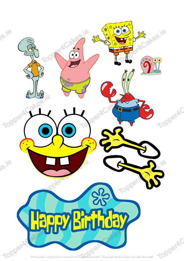 SpongeBob, Patrick, Squidward, Mr. Krabs, and Gary surround a Happy Birthday sign with Edible Spongebob Cutout Toppers featuring SpongeBob’s smiling face in colorful letters.