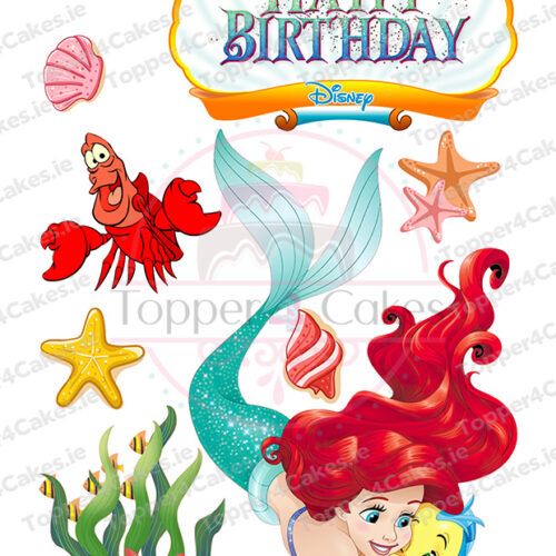 Colorful Happy Birthday image with Ariel, Flounder, and Sebastian from Disney’s The Little Mermaid, surrounded by seashells and starfish—ideal to pair with Edible Peppa Pig Cutout Toppers (Copy). Disney logo appears below the birthday text.
