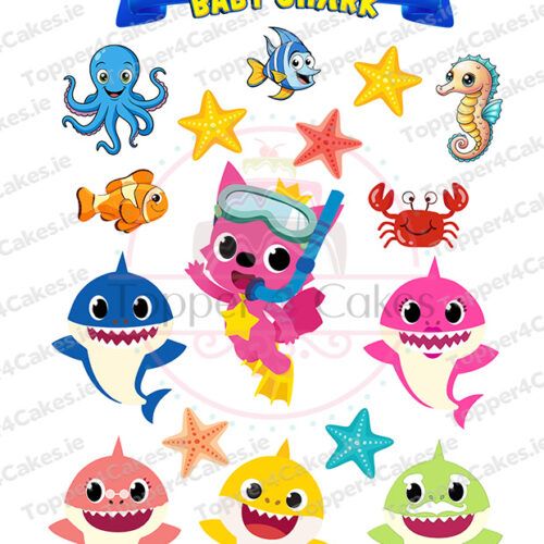 Colorful Happy Birthday Baby Shark banner featuring cartoon sea creatures and baby sharks, one with snorkeling gear—pairs perfectly with Edible Bluey Cutout Toppers (Copy) for a lively under-the-sea party.