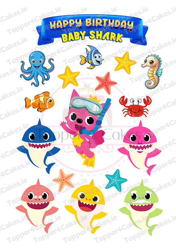 Colorful Happy Birthday Baby Shark banner featuring cartoon sea creatures and baby sharks, one with snorkeling gear—pairs perfectly with Edible Bluey Cutout Toppers (Copy) for a lively under-the-sea party.