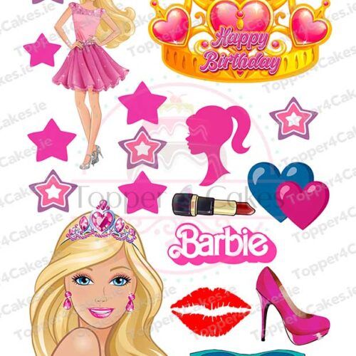 Barbie-themed collage featuring Barbie illustrations, pink stars, hearts, tiara with Happy Birthday text, sunglasses, lips, lipstick, silhouette, and Barbie logo in vibrant pinks—perfect to pair with Edible Ariel Cutout Toppers (Copy).