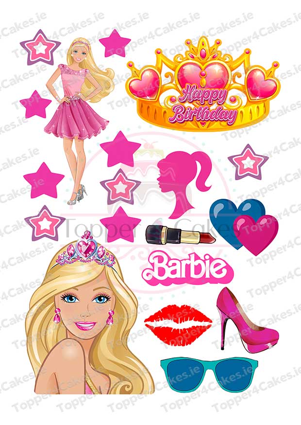 Barbie-themed collage featuring Barbie illustrations, pink stars, hearts, tiara with Happy Birthday text, sunglasses, lips, lipstick, silhouette, and Barbie logo in vibrant pinks—perfect to pair with Edible Ariel Cutout Toppers (Copy).