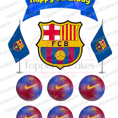 Pair Edible Ariel Cutout Toppers (Copy) with a Happy Birthday banner featuring the FC Barcelona logo, two flags, and six blue and red Nike soccer balls for a fun soccer-themed celebration on a white background.