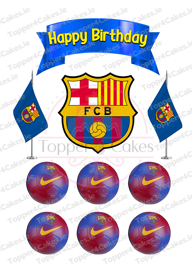 Pair Edible Ariel Cutout Toppers (Copy) with a Happy Birthday banner featuring the FC Barcelona logo, two flags, and six blue and red Nike soccer balls for a fun soccer-themed celebration on a white background.