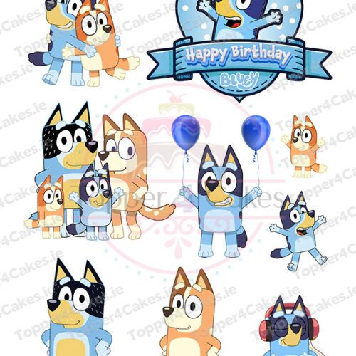 A collection of Bluey, Bingo, and Bandit characters in fun poses, some with party hats or sunglasses. Edible Iron Man Cutout Toppers (Copy) and a heart-shaped Happy Birthday Bluey sign complete the scene.