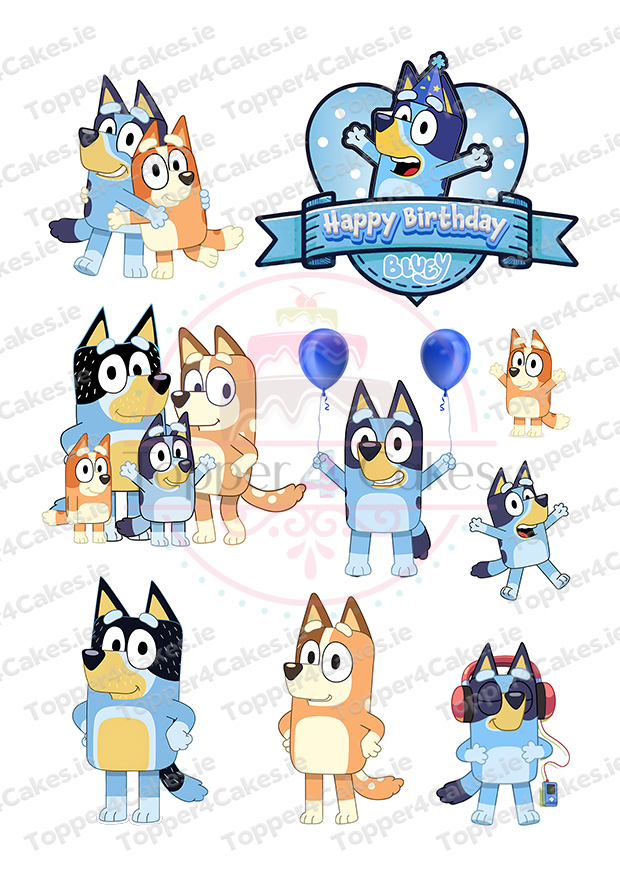 A collection of Bluey, Bingo, and Bandit characters in fun poses, some with party hats or sunglasses. Edible Iron Man Cutout Toppers (Copy) and a heart-shaped Happy Birthday Bluey sign complete the scene.