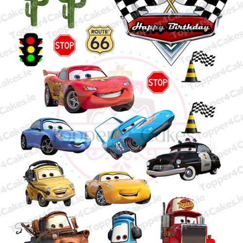 Edible Ariel Cutout Toppers (Copy) features characters and items from the Cars movie, like race cars, a tow truck, Route 66 and traffic signs, cacti, checkered flags, plus a birthday banner—ideal for decorating cakes with your Cars party theme.