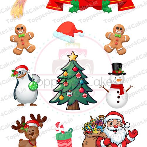 A festive collection of Christmas-themed cartoon images, including a decorated tree, Santa Claus, snowman, reindeer, stocking, penguin with ornament, gingerbread cookies, Edible Christmas Cutout Toppers, and a Merry Christmas banner.