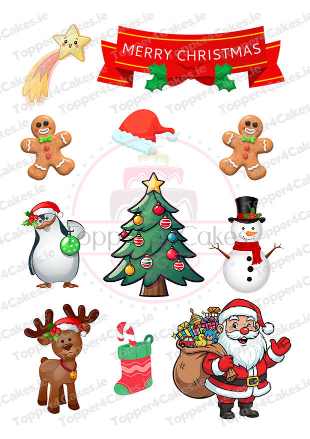 A festive collection of Christmas-themed cartoon images, including a decorated tree, Santa Claus, snowman, reindeer, stocking, penguin with ornament, gingerbread cookies, Edible Christmas Cutout Toppers, and a Merry Christmas banner.