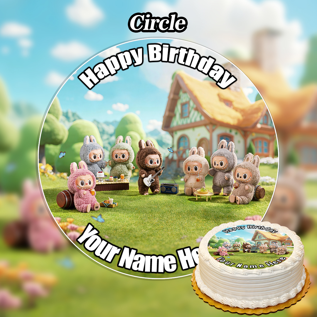 A birthday cake featuring a custom image of six cute animal-costumed characters having a picnic outdoors with a cottage, topped with the Edible Labubu Cake Topper. Text on the cake: Circle Happy Birthday Your Name Here.