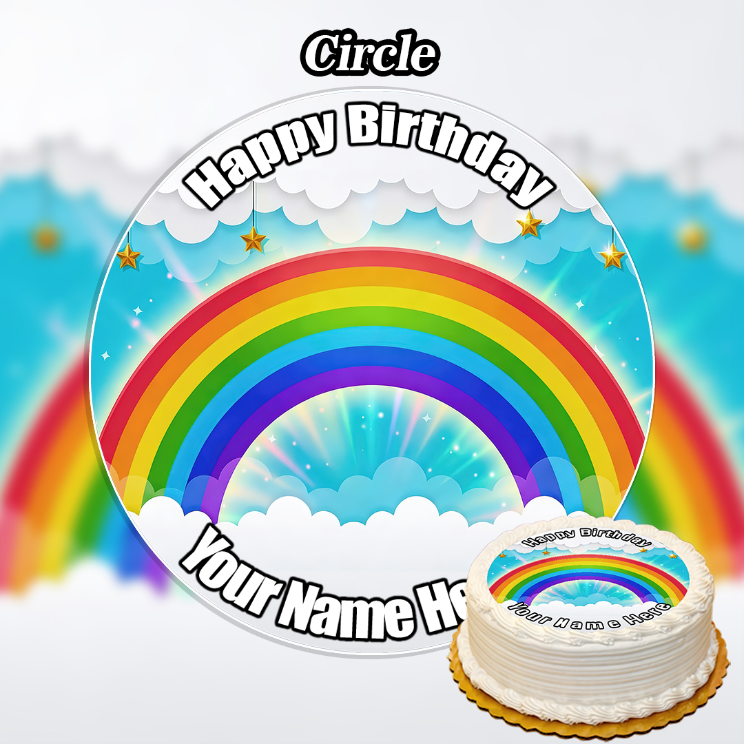 A round cake topper inspired by our Edible Construction trucks Diggers Cake Topper (Copy) collection, featuring clouds, a rainbow, stars, "Happy Birthday" at the top, and "Your Name Here" below. The matching cake appears in the corner.