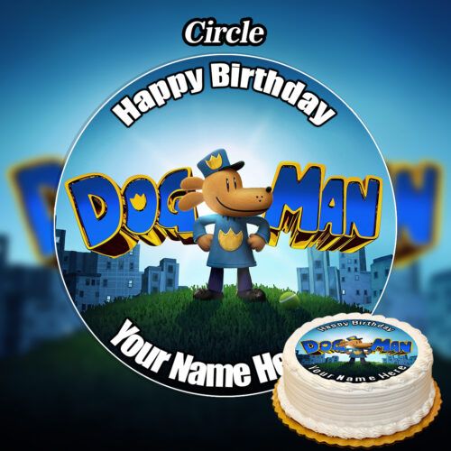 A round Edible Inside out Cake Topper (Copy) featuring Dog Man in a police uniform with 'Happy Birthday DOG MAN' and your custom name on a cityscape background—perfect for personalizing your celebration!.