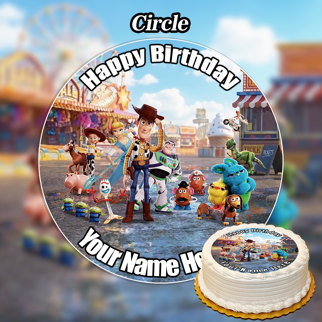 The Edible Toy Story Cake Topper is a round design featuring Woody, Buzz Lightyear, and “Happy Birthday,” customizable with your name—great for pairing with an Edible The Elf on the Shelf Cake Topper for a festive carnival party.