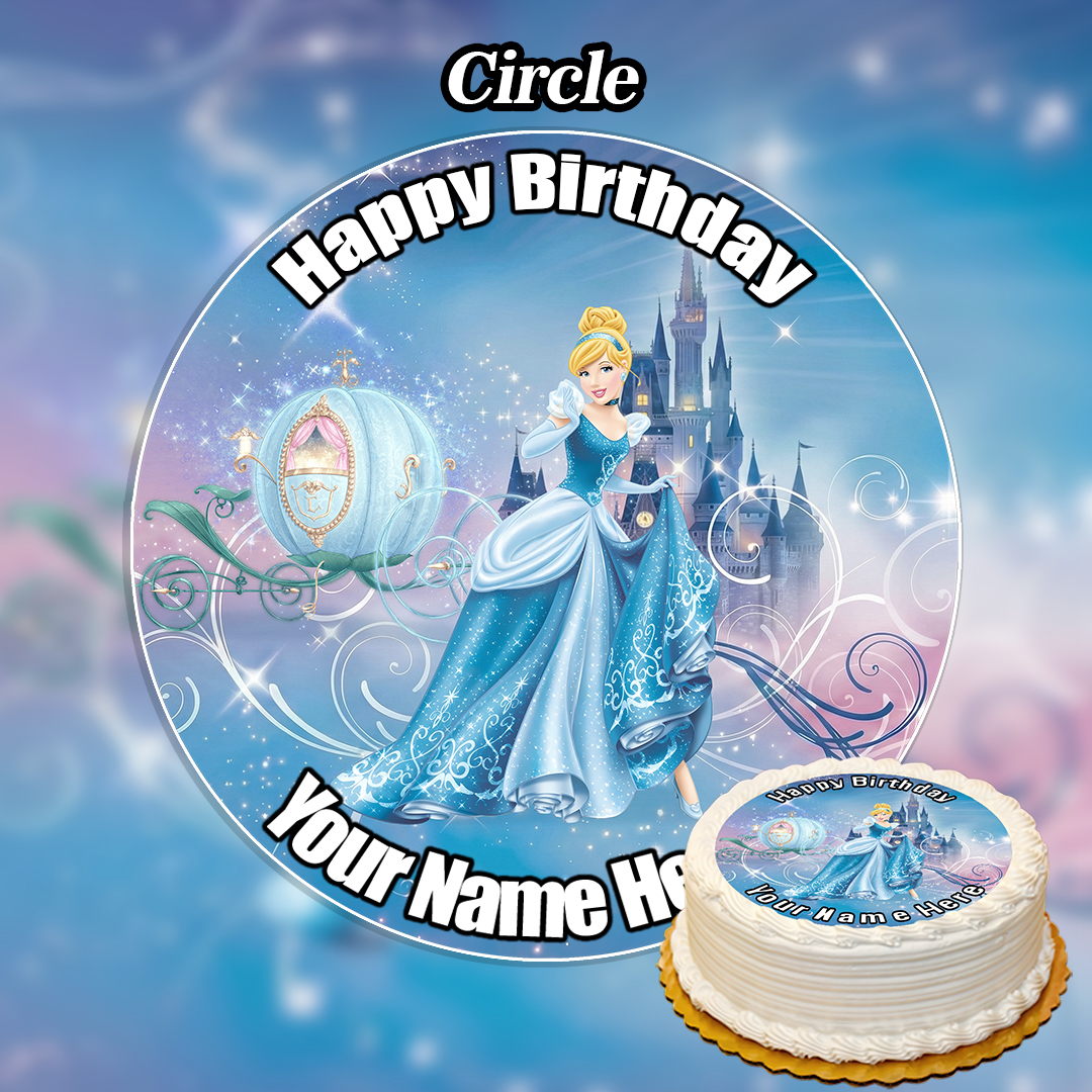 Round birthday cake topper featuring Toy Story characters, similar to our Christening Girl Cake Topper with Picture. Includes "Happy Birthday" text and space for a custom name. Product: Edible Toy Story Cake Topper (Copy).