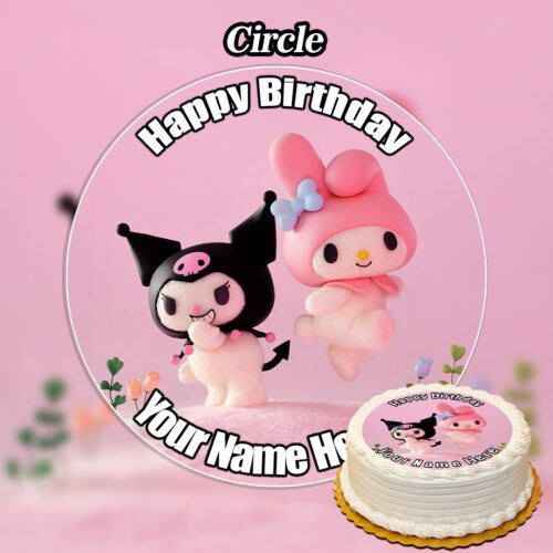 Two adorable plushies—one in a black jester costume, the other pink with a bow—stand on a pink background with "Happy Birthday" above and the Edible Labubu Cake Topper (Copy) by the decorated cake in the corner.