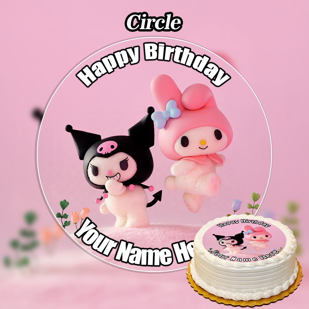 Two adorable plushies—one in a black jester costume, the other pink with a bow—stand on a pink background with "Happy Birthday" above and the Edible Labubu Cake Topper (Copy) by the decorated cake in the corner.