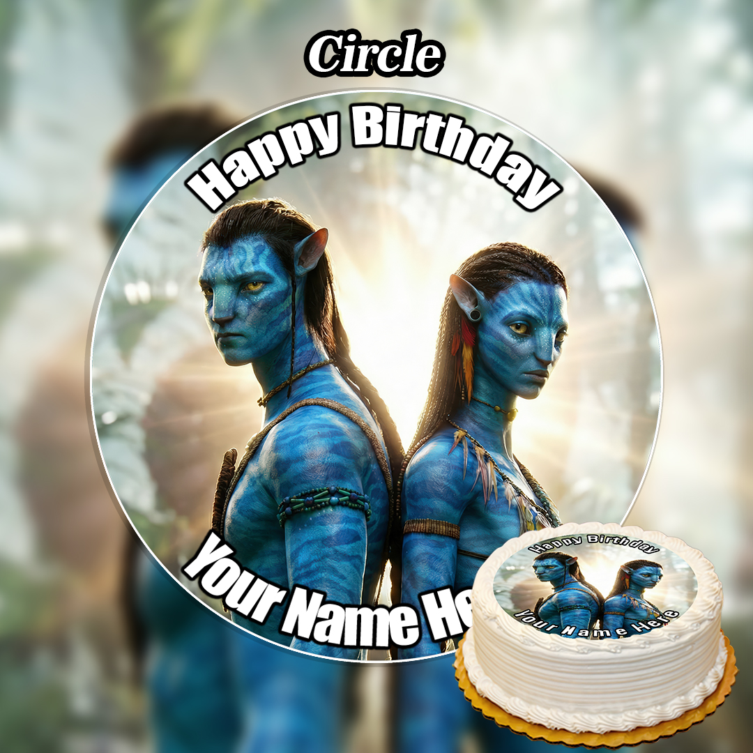 A round birthday cake with two blue Avatar characters back to back, “Happy Birthday” and your name, set in a forest scene. Finished with the Edible Labubu Cake Topper (Copy) for a unique touch.