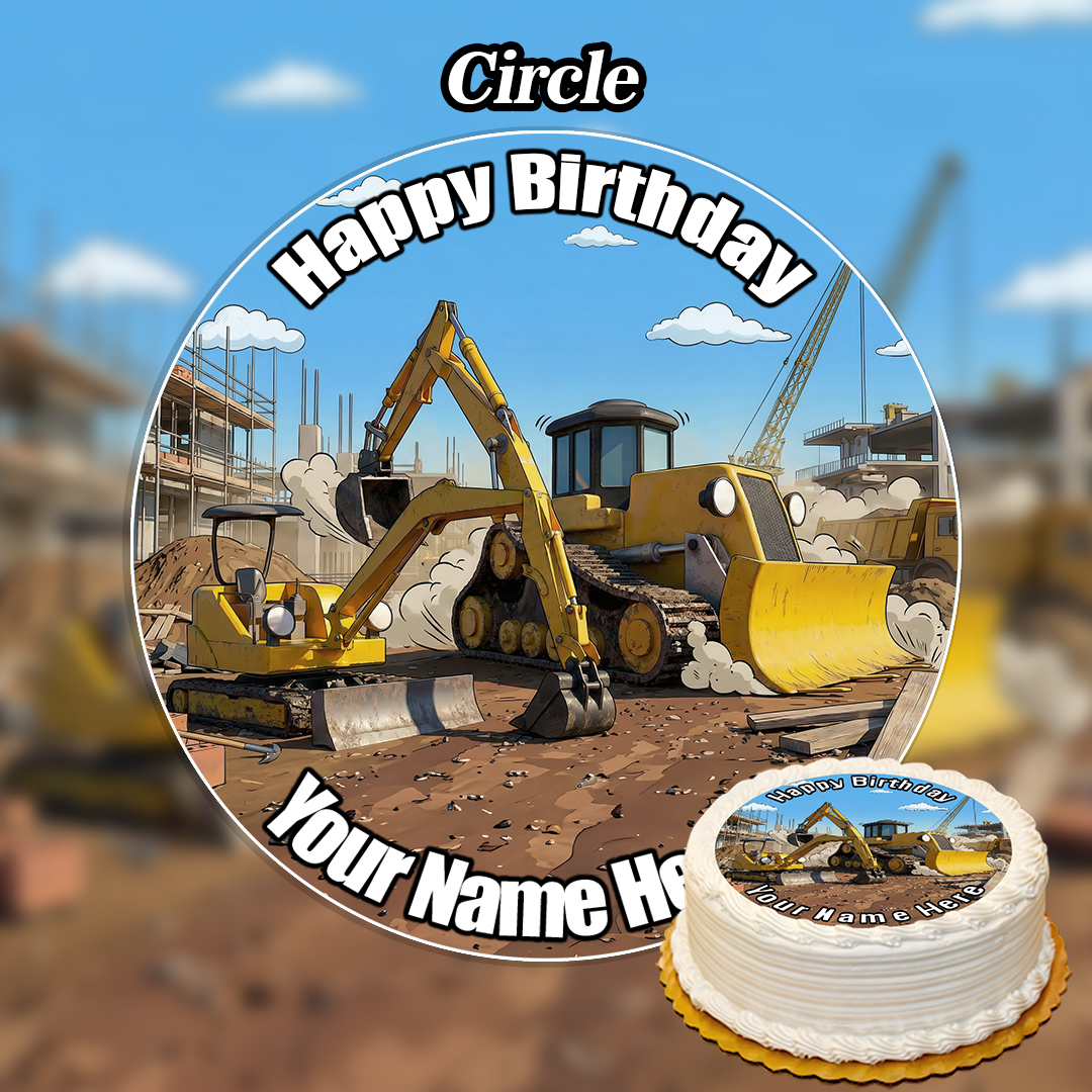 A cartoon-style birthday cake topper like the Edible Ballerina Cake Topper (Copy), featuring construction vehicles—excavator, bulldozer, crane—plus "Happy Birthday" and your name in bold white letters along the edge.