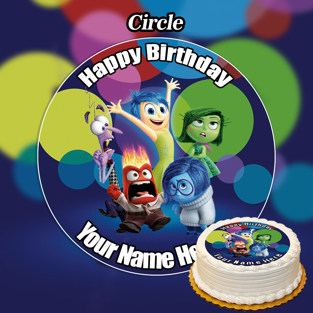 Celebrate with an Inside Out birthday cake topper featuring all five emotions and your name on a colorful background. Pair it with the Edible Rainbow Cake Topper (Copy) for a vibrant cake design that matches the topper perfectly!.