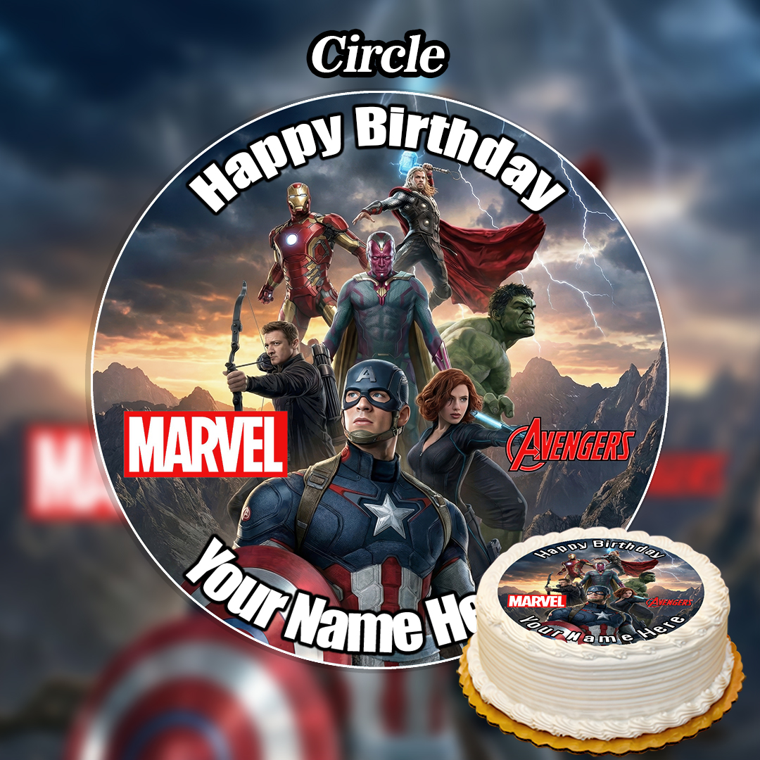 A round birthday cake topper with Marvel Avengers—Captain America, Iron Man, Thor, Hulk, Black Widow, and Hawkeye—under “Happy Birthday” and space for your name, designed to pair perfectly with the Edible Dogman Cake Topper (Copy).