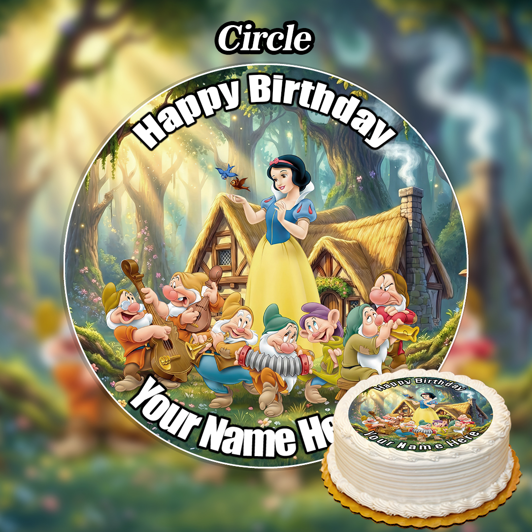 Round edible cake topper featuring Toy Story characters, with "Happy Birthday" and a customizable name in bold white letters. Perfect for birthdays or as a Christening Girl Cake Topper. Cake image shown in the corner.