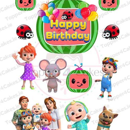 Colorful Happy Birthday image with cartoon characters, playful kids, a family, dog, smiling watermelons, ladybugs, balloons, and a mouse on white—perfect to pair with Edible Ariel Cutout Toppers (Copy) for a fun celebration!.