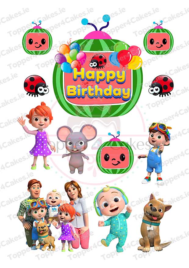 Colorful Happy Birthday image with cartoon characters, playful kids, a family, dog, smiling watermelons, ladybugs, balloons, and a mouse on white—perfect to pair with Edible Ariel Cutout Toppers (Copy) for a fun celebration!.