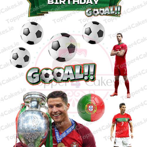 Birthday-themed image with "HAPPY BIRTHDAY GOAL!!", soccer balls, a Portuguese player, trophy, and Portugal flag—an ideal match for Edible Ariel Cutout Toppers (Copy).