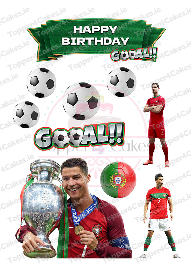 Birthday-themed image with "HAPPY BIRTHDAY GOAL!!", soccer balls, a Portuguese player, trophy, and Portugal flag—an ideal match for Edible Ariel Cutout Toppers (Copy).