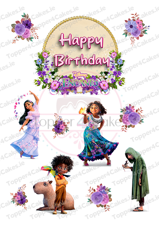 Colorful Happy Birthday sign with Encanto characters and logo, plus floral accents—perfect to pair with Edible Leinster Rugby Cutout Toppers (Copy) for a unique celebration.