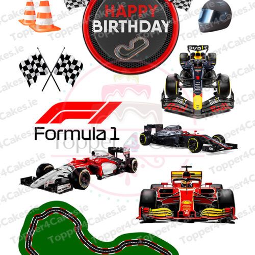 Formula 1-themed birthday graphic with race cars, checkered flags, traffic cones, a racing helmet, the F1 logo, racetrack outline, Happy Birthday sign with crossed flags, and Edible Cristiano Ronaldo Cutout Toppers (Copy).