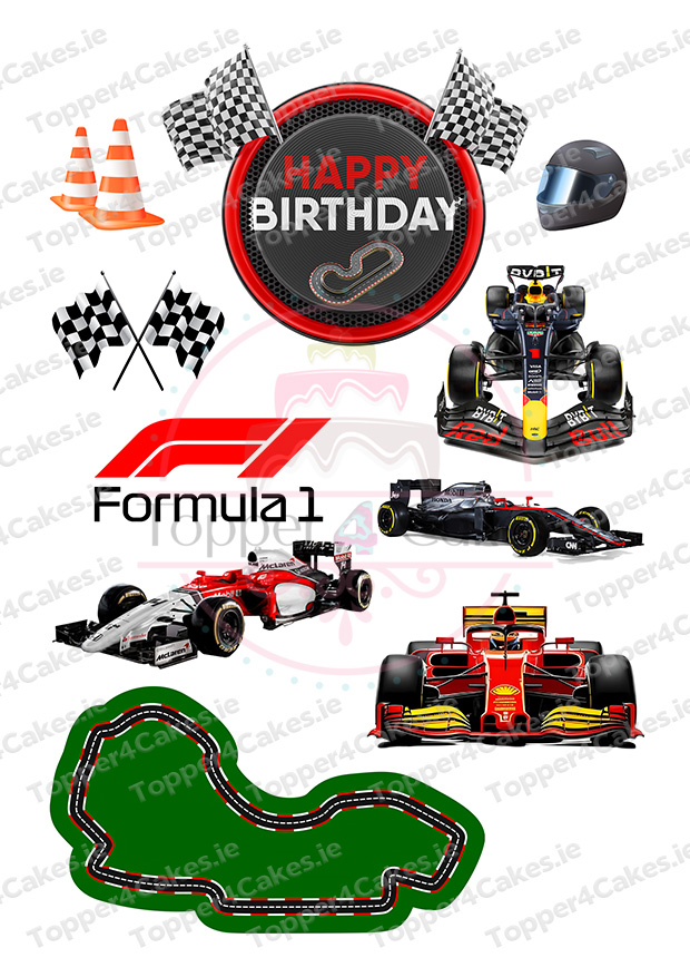 Formula 1-themed birthday graphic with race cars, checkered flags, traffic cones, a racing helmet, the F1 logo, racetrack outline, Happy Birthday sign with crossed flags, and Edible Cristiano Ronaldo Cutout Toppers (Copy).