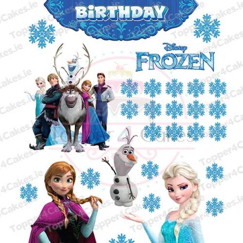 Celebrate with a Disney Frozen-themed birthday cake topper featuring Elsa, Anna, Olaf, Kristoff, Sven, blue snowflakes, and "Happy Birthday" text—compatible with Edible Formula 1 Cutout Toppers (Copy) for a personalized touch.