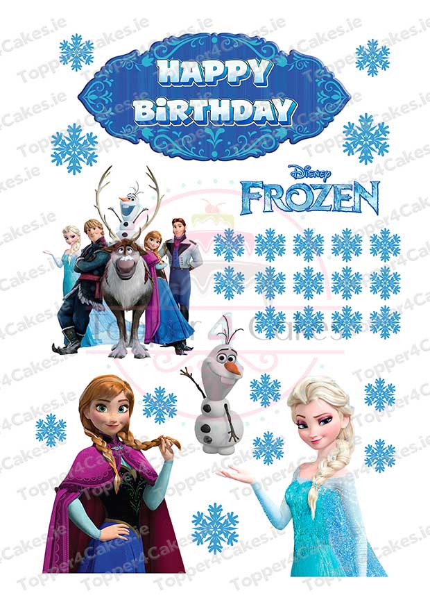 Celebrate with a Disney Frozen-themed birthday cake topper featuring Elsa, Anna, Olaf, Kristoff, Sven, blue snowflakes, and "Happy Birthday" text—compatible with Edible Formula 1 Cutout Toppers (Copy) for a personalized touch.
