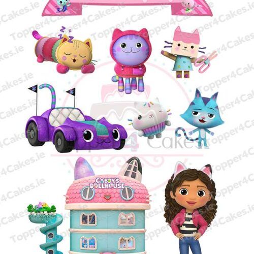 Colorful Gabby's Dollhouse birthday scene with Gabby, her animal pals, a decorated house, a race car topped with Edible Formula 1 Cutout Toppers (Copy), and a cheerful "Happy Birthday" banner—all in cartoon style.