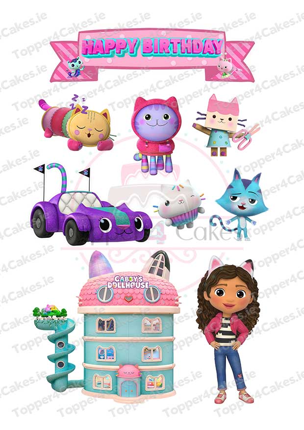 Colorful Gabby's Dollhouse birthday scene with Gabby, her animal pals, a decorated house, a race car topped with Edible Formula 1 Cutout Toppers (Copy), and a cheerful "Happy Birthday" banner—all in cartoon style.